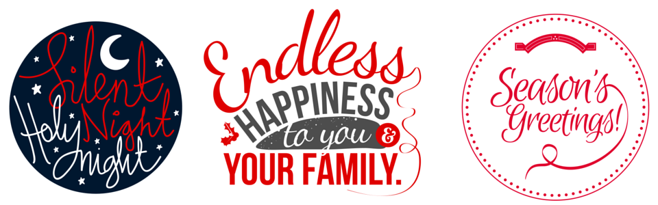 Three festive holiday graphics: moonlit “Hey there, Night” text, “Endless Happiness” family message, and “Season’s Greetings”
