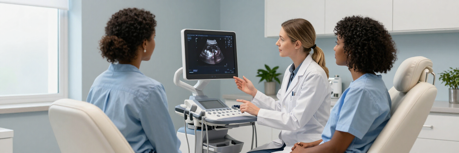 Un médico muestra una radiografía en un monitor a dos pacientes sentados en un luminoso consultorio médico.