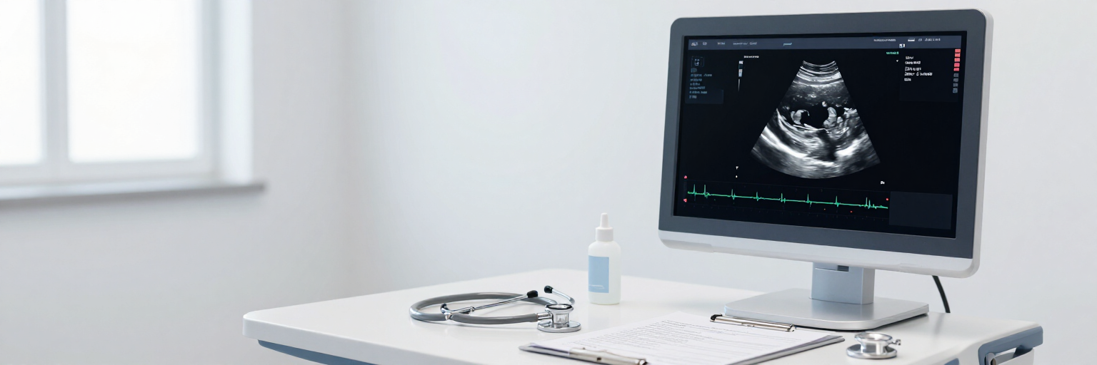 Ecografía médica mostrada en un monitor en una sala de examen luminosa con un teclado y un frasco de gel sobre el escritorio.