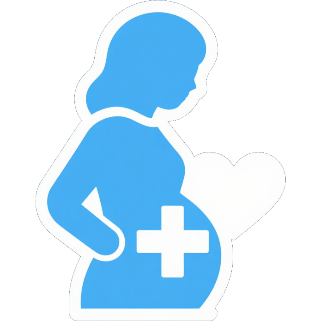 Silueta azul de una mujer embarazada con cruz médica y contorno de corazón.