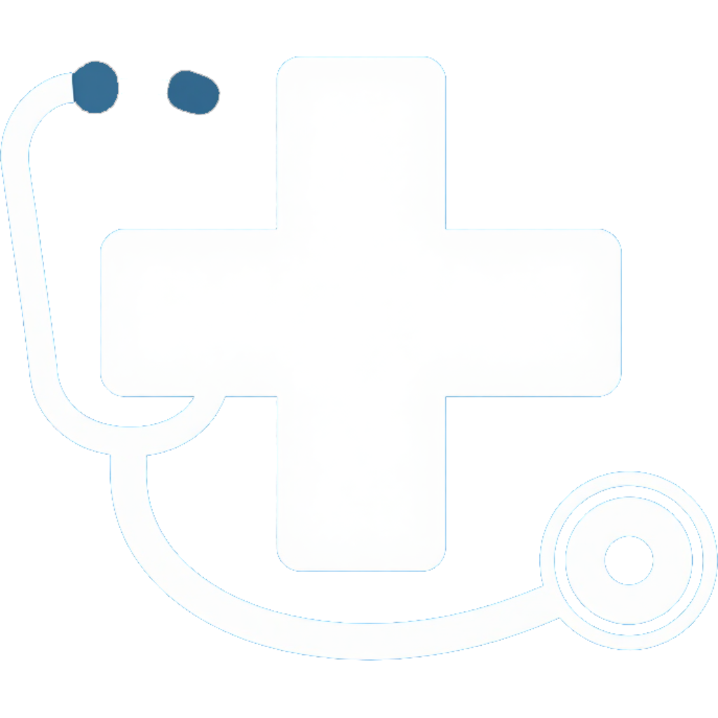 Cruz médica blanca con icono de estetoscopio azul sobre fondo claro
