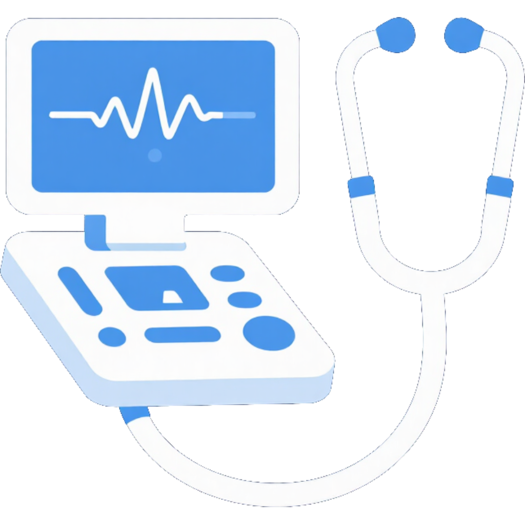 Monitor médico azul y panel de control con ilustración de un estetoscopio.