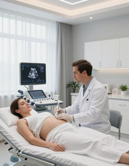 Un médico realiza una ecografía a un paciente en una sala de consulta luminosa.
