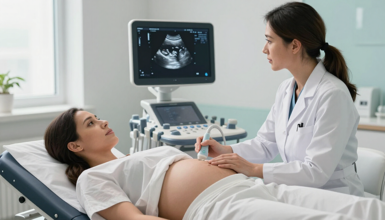 Un médico realiza una ecografía a un paciente en una sala de consulta luminosa.