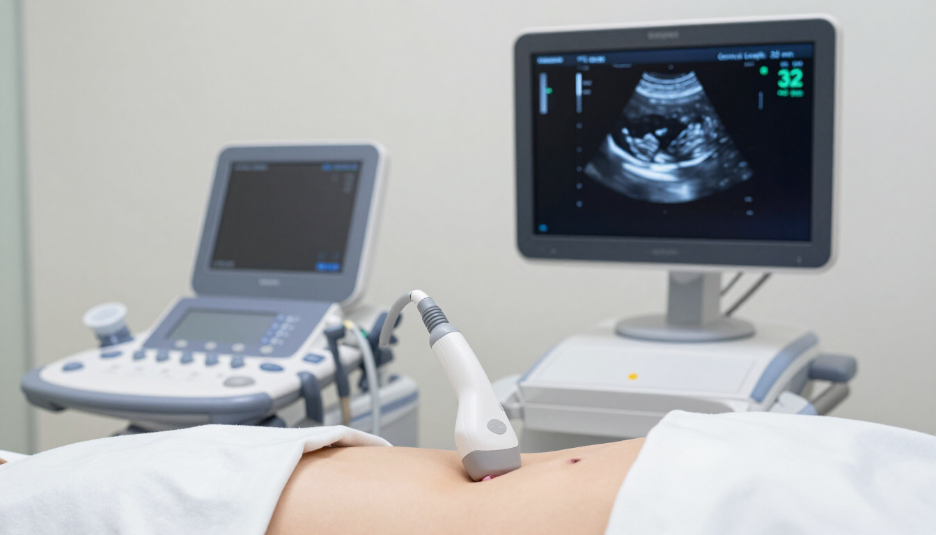 Ecografía con sonda en el abdomen de la paciente y ecografía fetal en un monitor en una clínica.