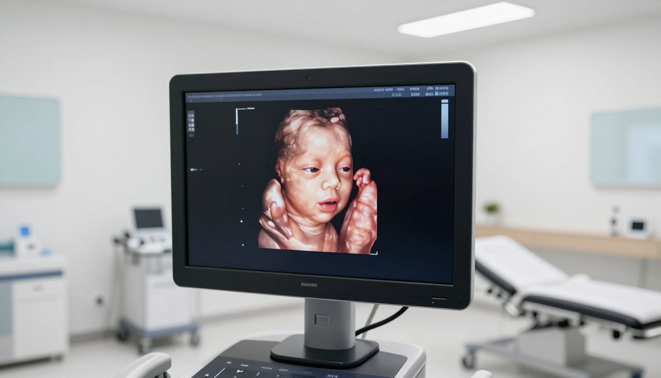 Monitor de hospital que muestra el rostro de un bebé recién nacido en una luminosa sala clínica.