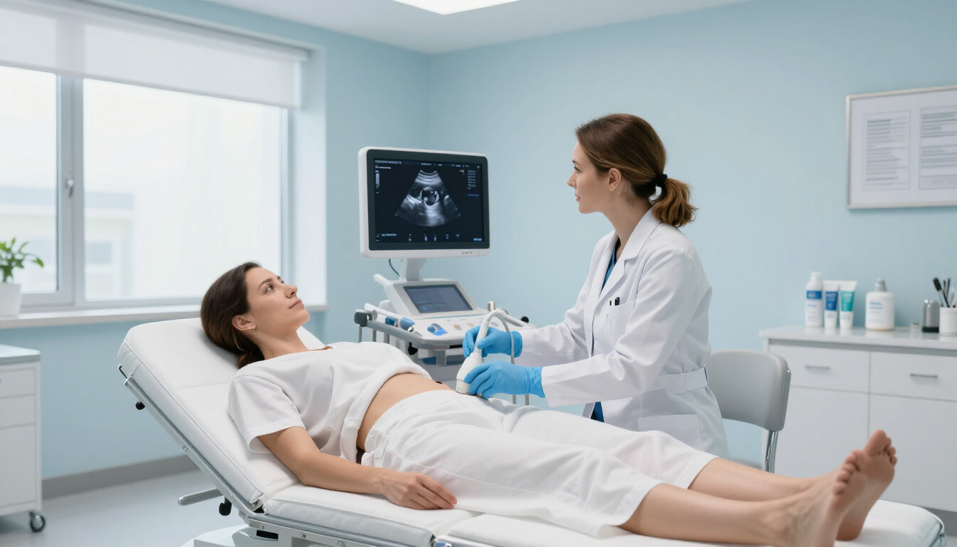 Un médico realiza una ecografía a un paciente en una luminosa sala de consulta.