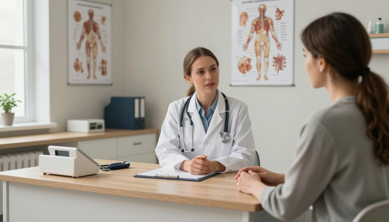 Un médico habla con un paciente en una luminosa consulta, con láminas de anatomía en la pared.