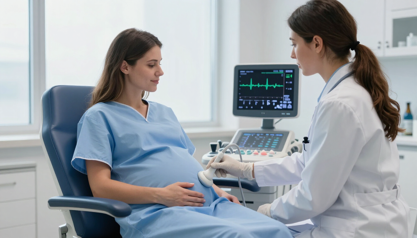 Paciente embarazada con una enfermera en la clínica, hablando sobre el monitor médico junto a la silla de exploración.