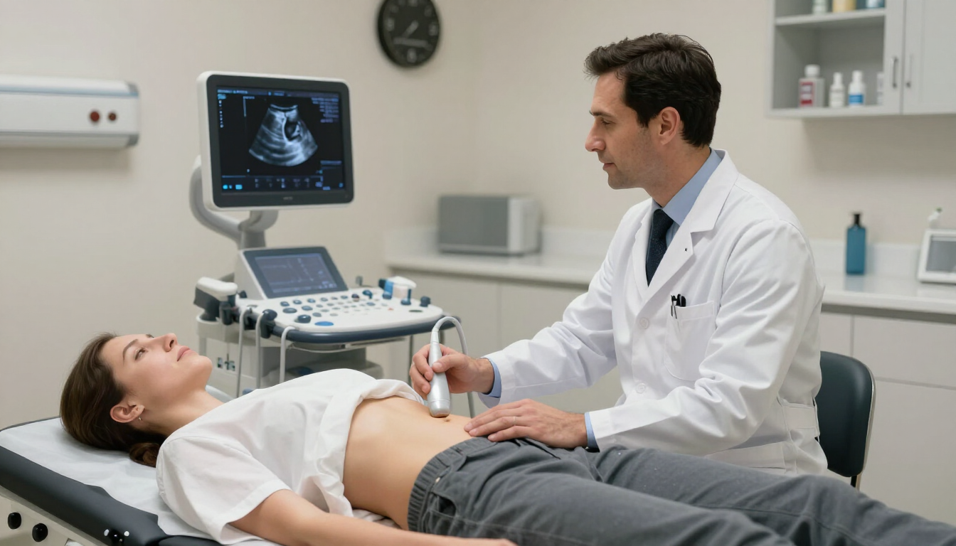 Un médico realiza una ecografía a un paciente en una consulta médica.