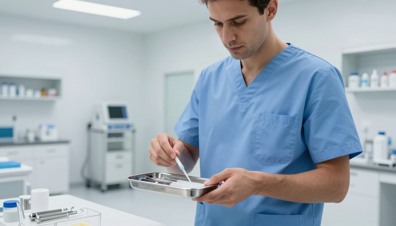 Técnico médico con uniforme azul manipula cuidadosamente muestras de laboratorio en un laboratorio estéril.