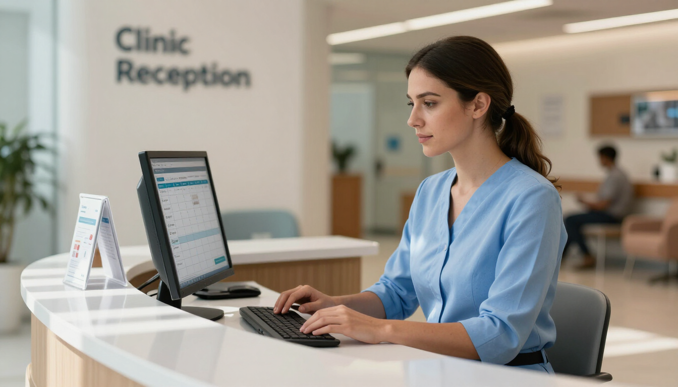 Recepcionista de una clínica tecleando en un ordenador en una luminosa consulta médica.