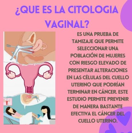 Infografía rosa sobre citología vaginal, con dibujos del examen y texto sobre detección temprana del cáncer cervical.