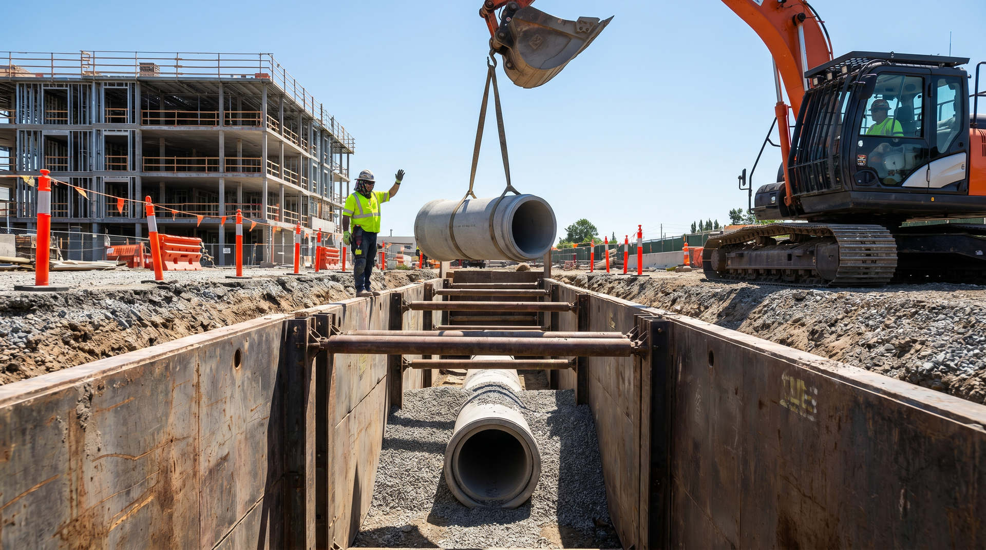 Commercial utility trench with safety shoring in NJ