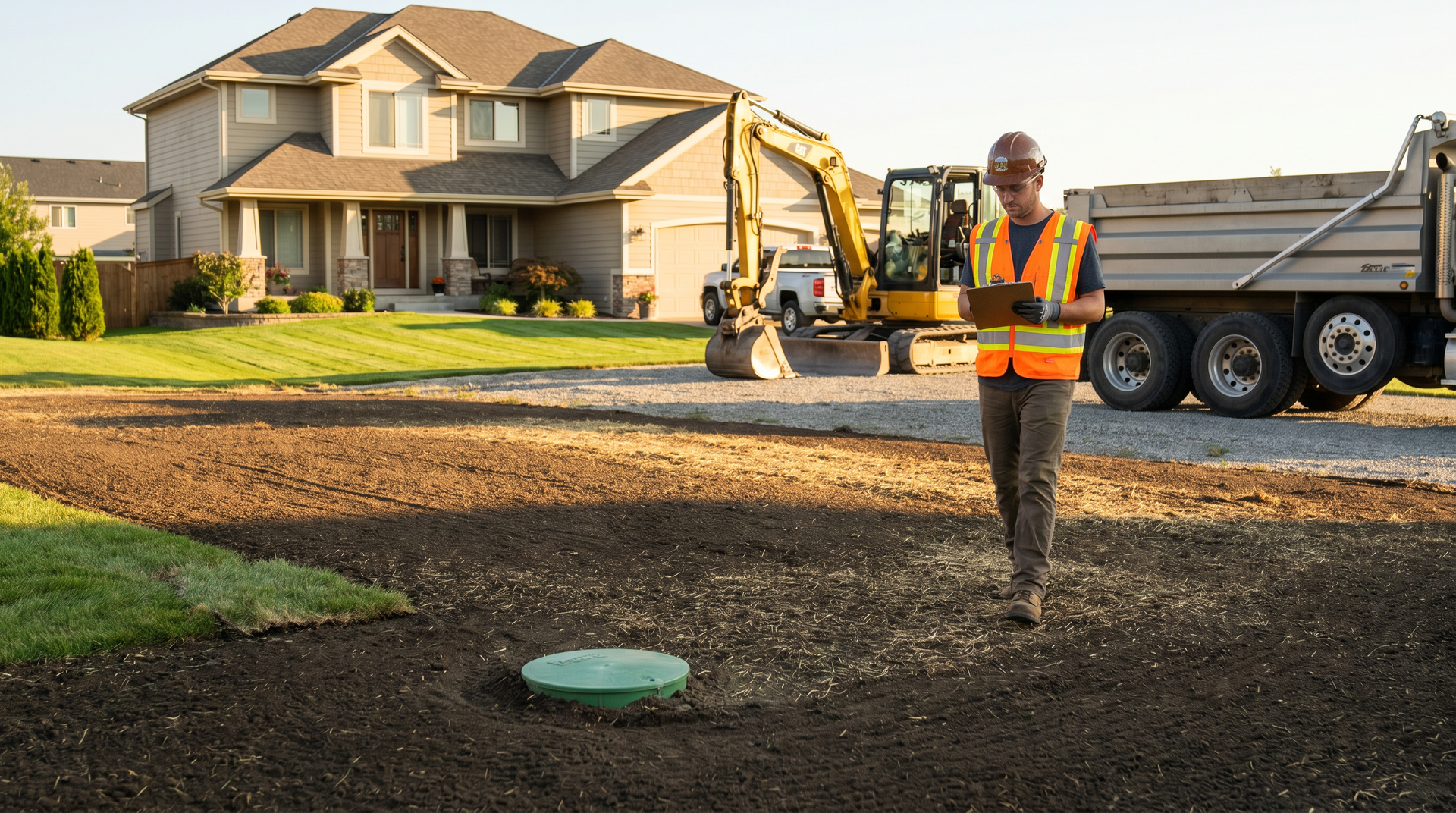 Completed residential septic system installation with restored yard