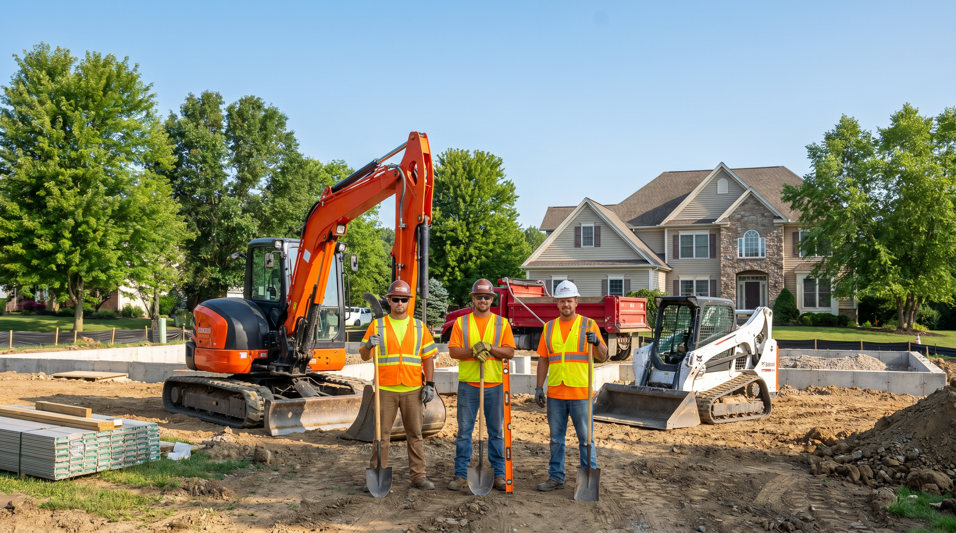Foundation excavation with grade checking and dewatering