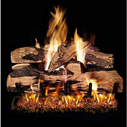 Gas fireplace with burning logs, flames in yellow and orange, dark setting.