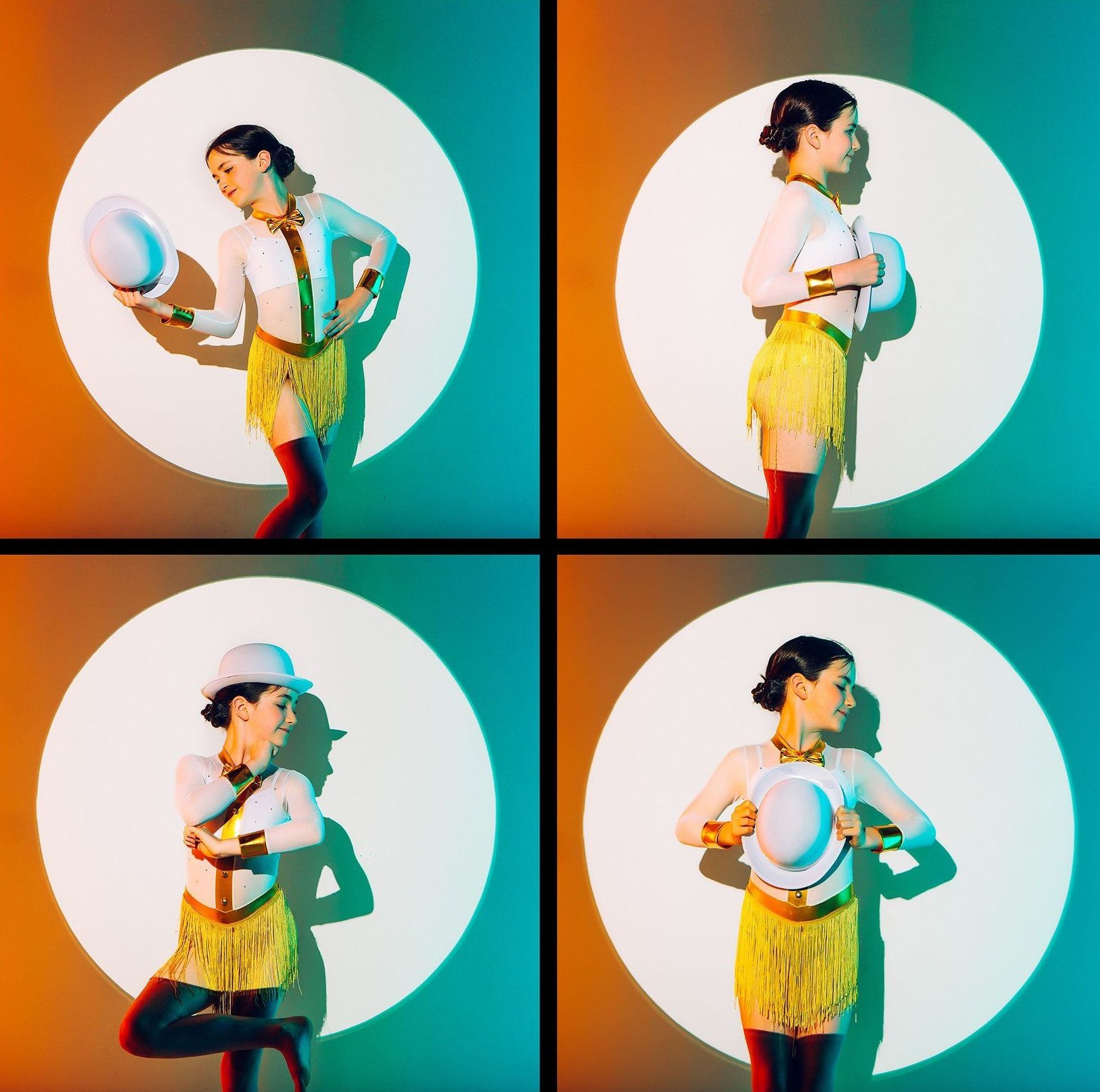 Four pictures of a woman holding a hat in different poses