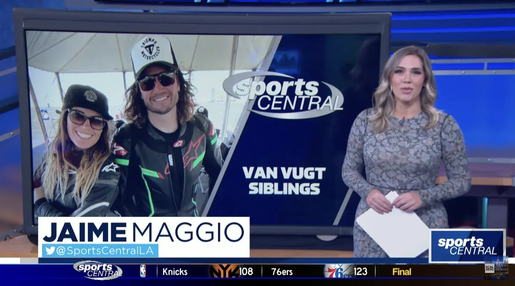 Sports Central broadcast: Anchorwoman with on-screen graphic of a photo of two people,