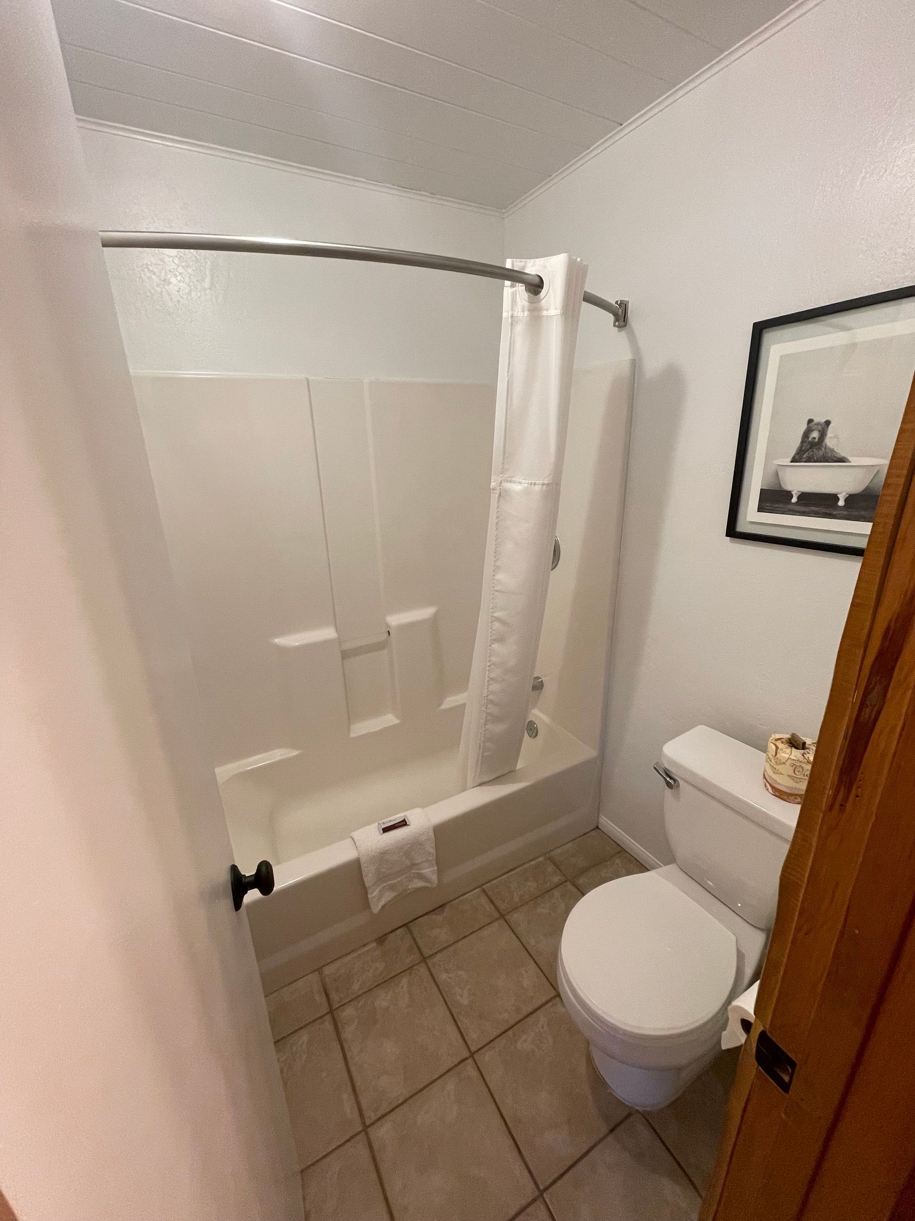 Small bathroom with a white shower, toilet, and framed artwork on the wall. Brown tile floor.