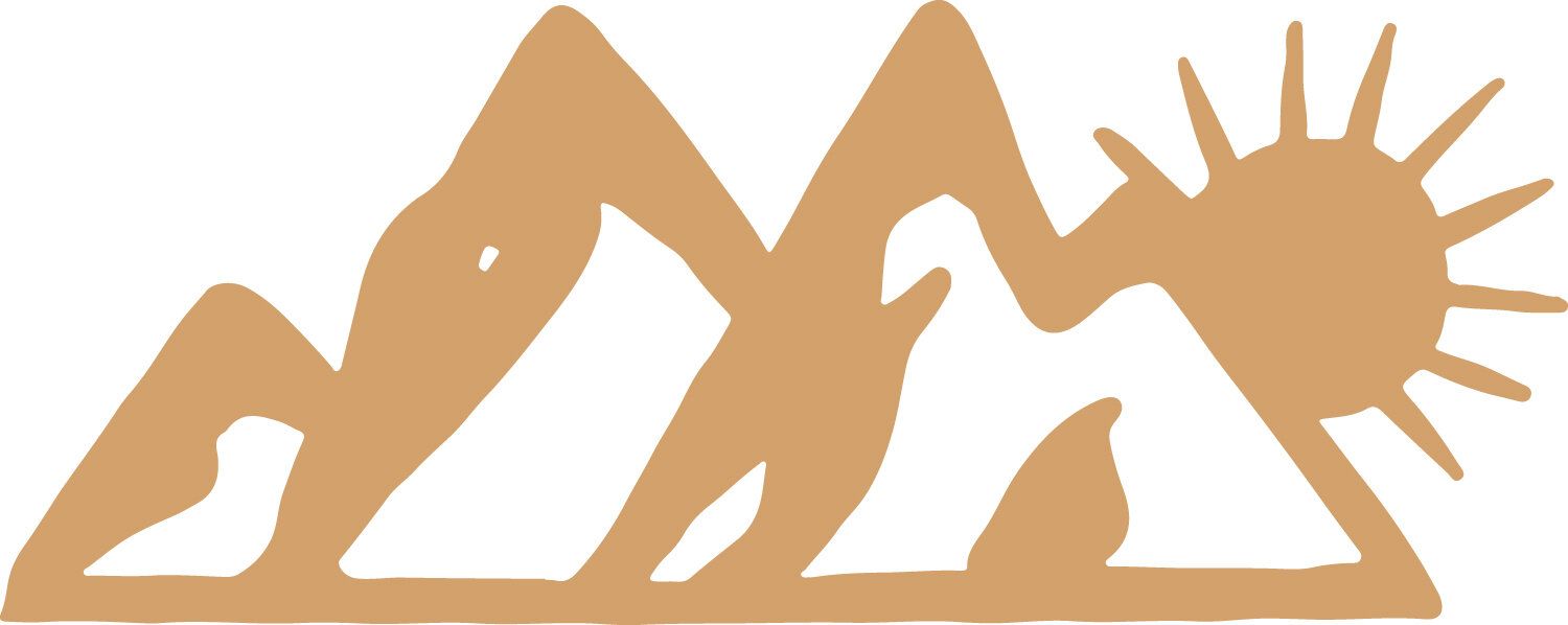 Brown stylized mountain range with sun.