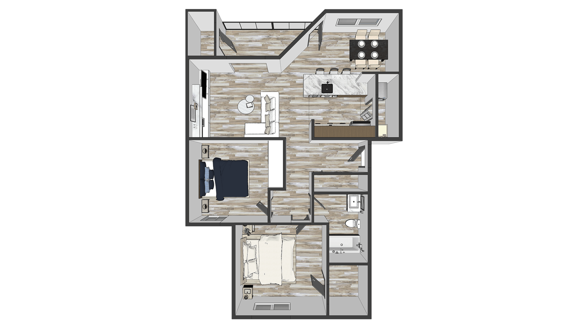2 bed, 1 bath floor plan