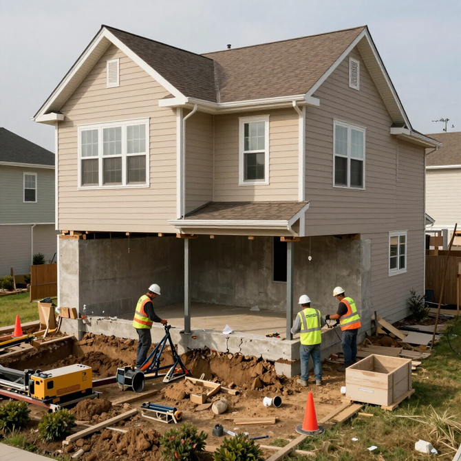 Construction workers digging a foundation around a new tan two-story house with a garage opening.