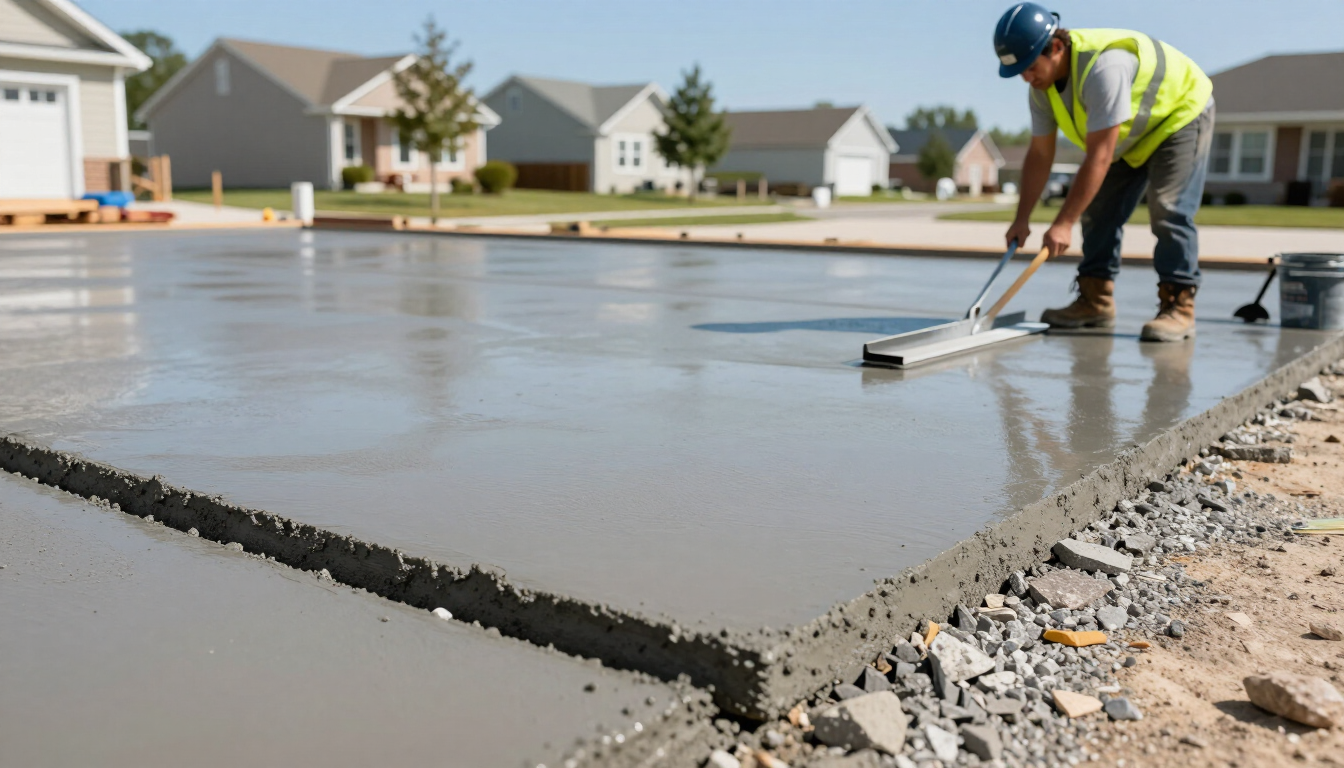 Worker smoothing wet concrete on a residential slab at a new housing development