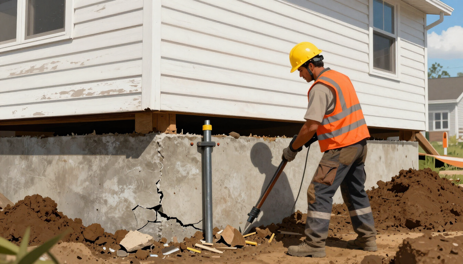Worker in orange vest and hard hat digging beside a house foundation with a shovel
