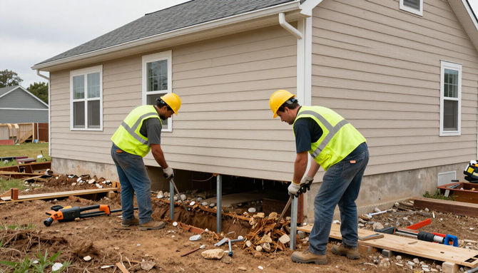Two workers in yellow vests and hard hats shovel dirt under a raised house