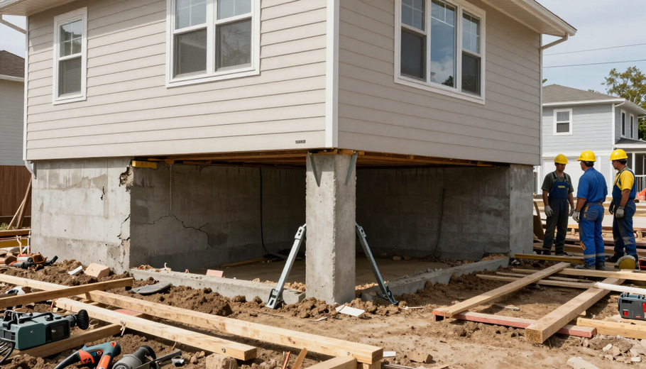 House lifted on temporary supports at a construction site, with workers standing nearby