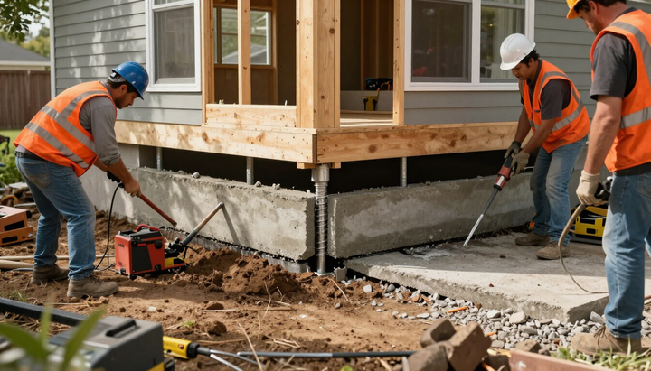 Construction workers pouring concrete beside a wooden house foundation