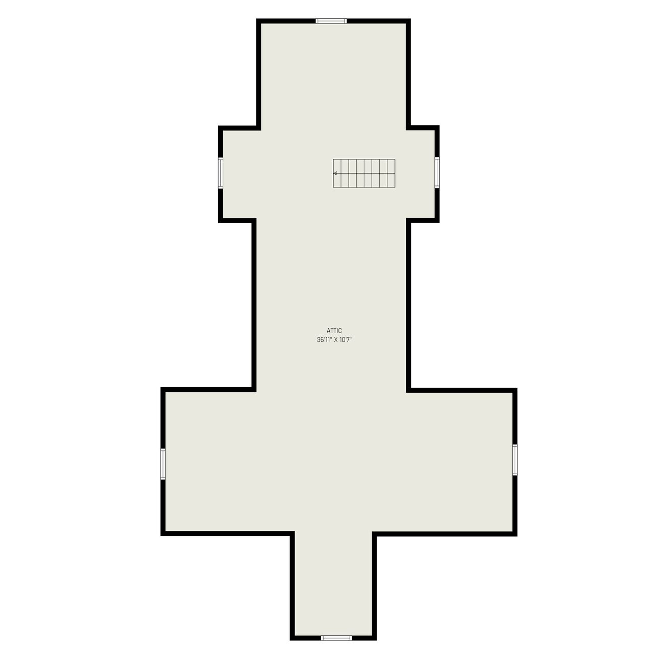 A top-down floor plan showing an L-shaped room with a staircase cutout and windows along the perimeter.