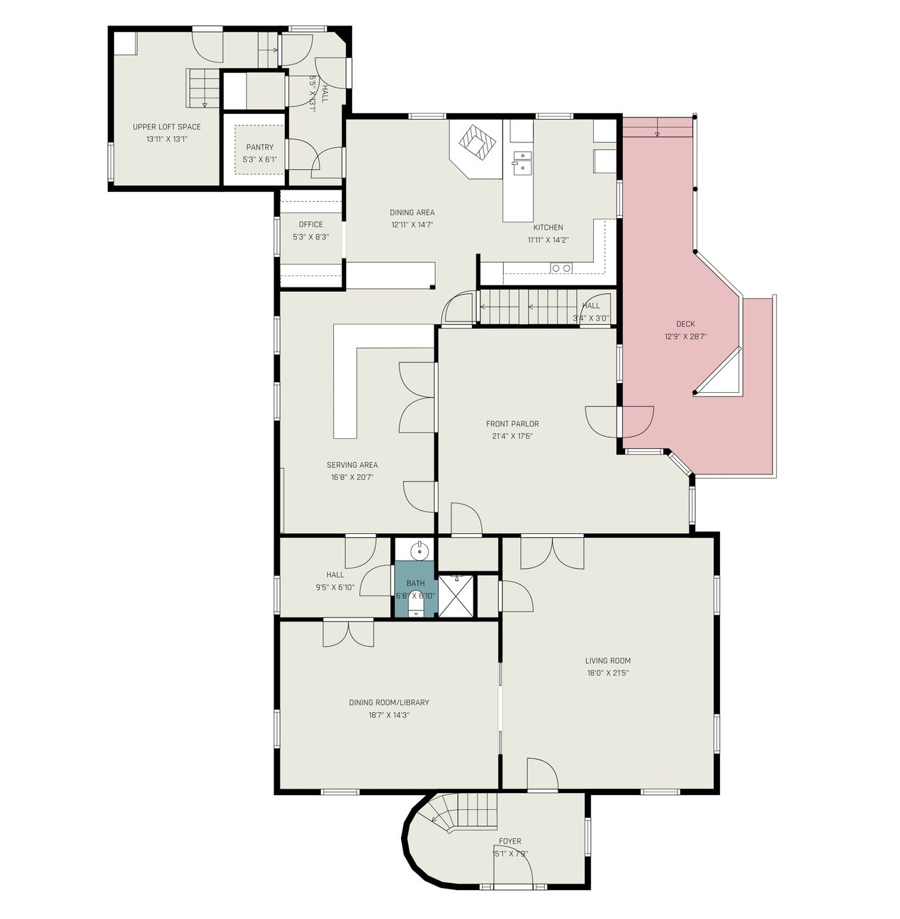 Floor plan of a house with various rooms, a kitchen, a living area, and an outdoor patio section highlighted in pink.