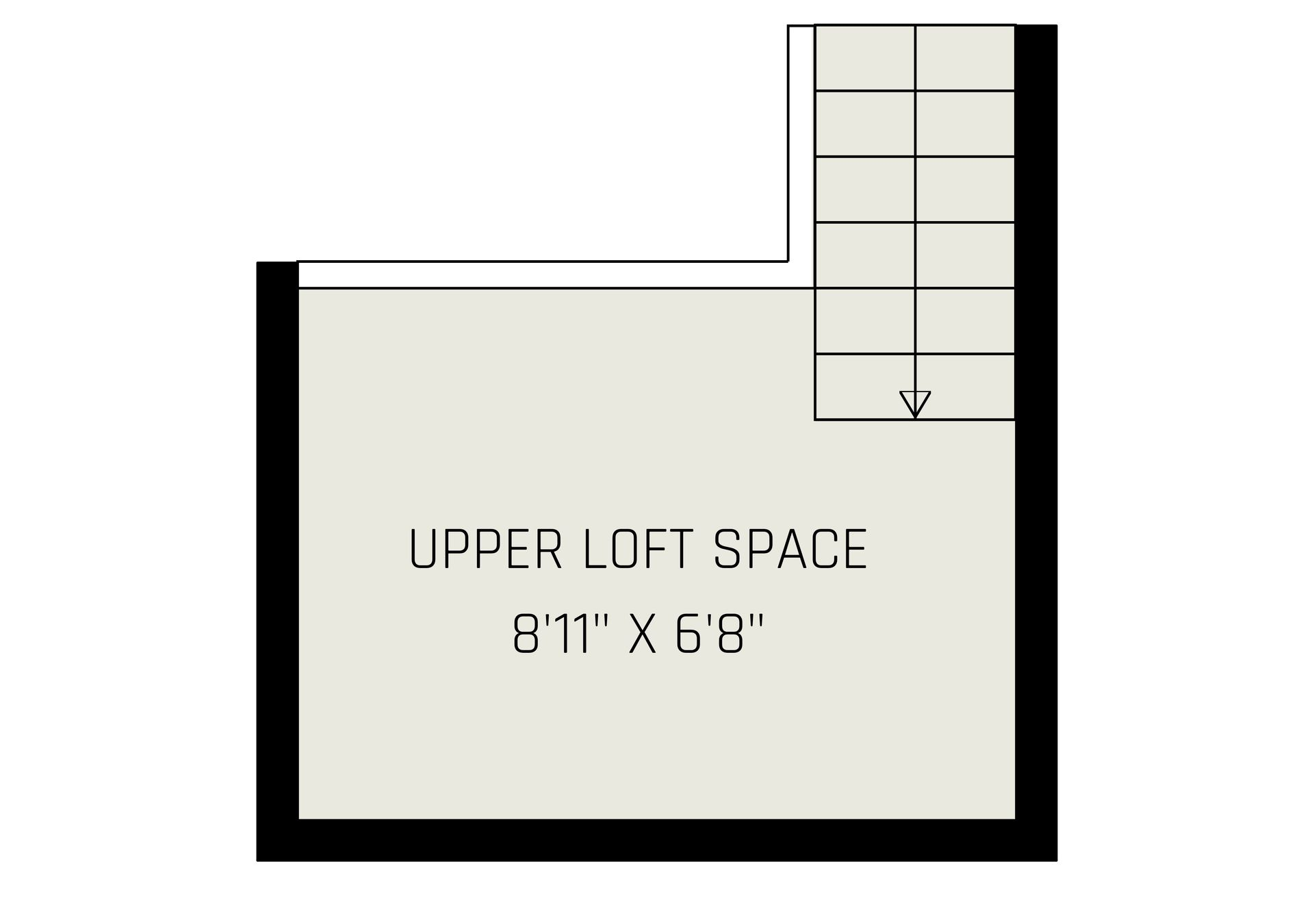 A floor plan of an upper loft space measuring 8 feet 11 inches by 6 feet 8 inches, featuring a small staircase.