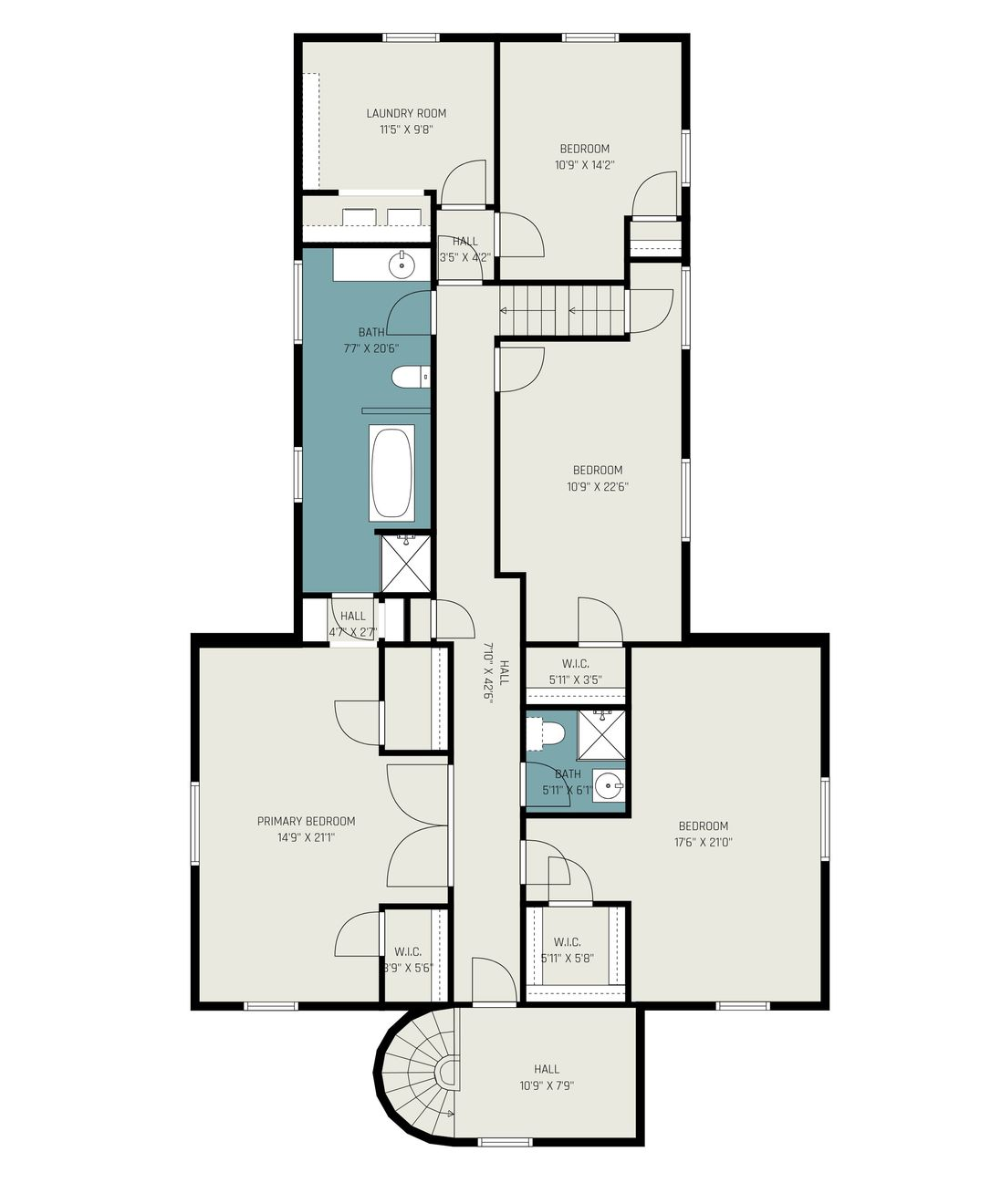 Floor plan of a two-story residential upper level featuring bedrooms, bathrooms, a hallway, and a curved staircase.