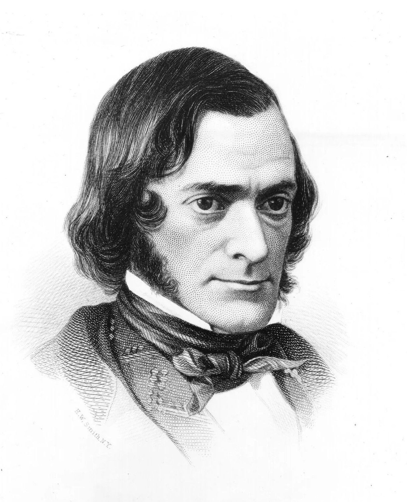 A black-and-white, etched-style portrait of a man with dark hair, sideburns, and a necktie, looking toward the viewer.