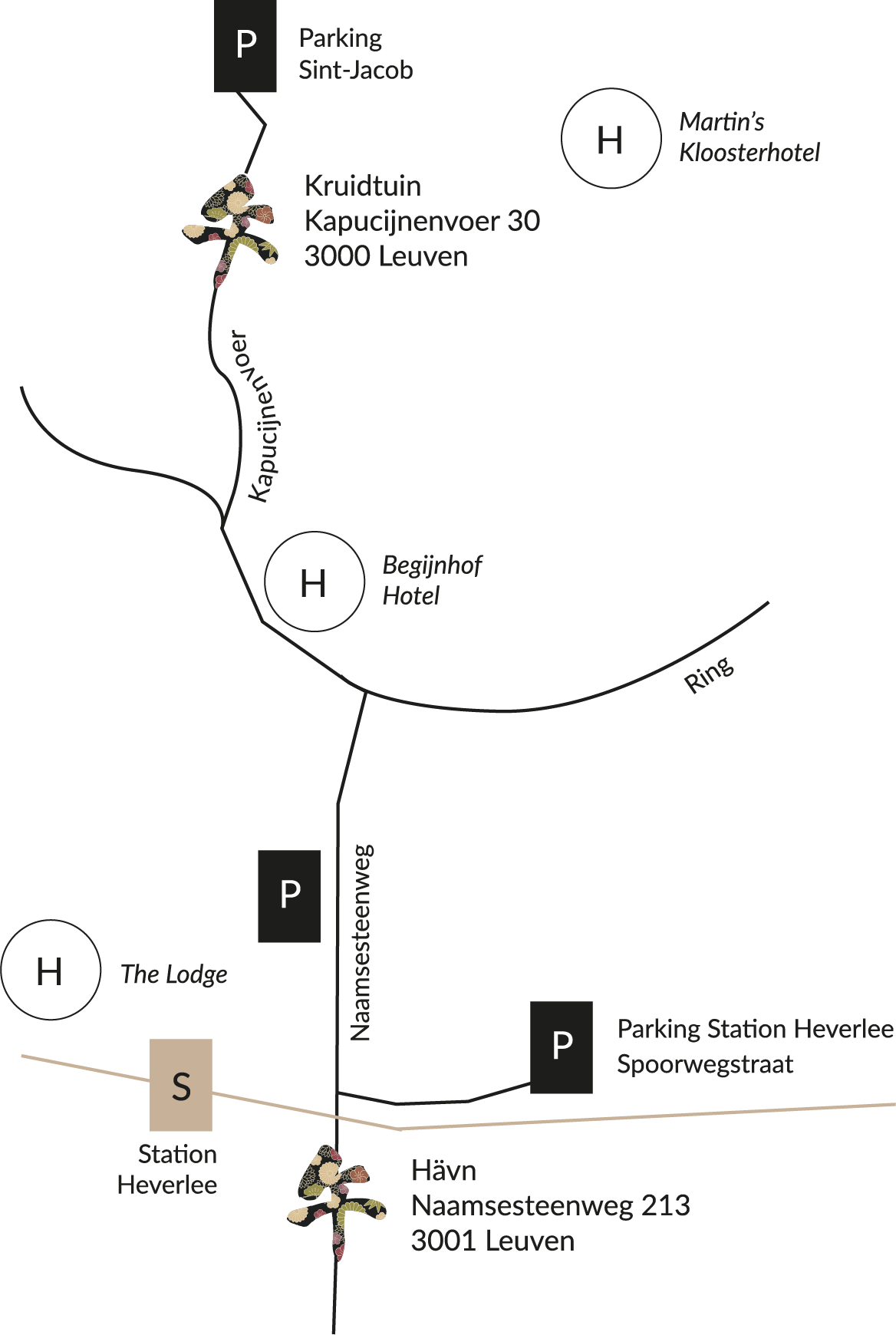 Plattegrond van Leuven met de locaties van hotels (H), parkeergelegenheid (P), treinstation (S) en twee botanische tuinen (Kruidtuin, Hvin).