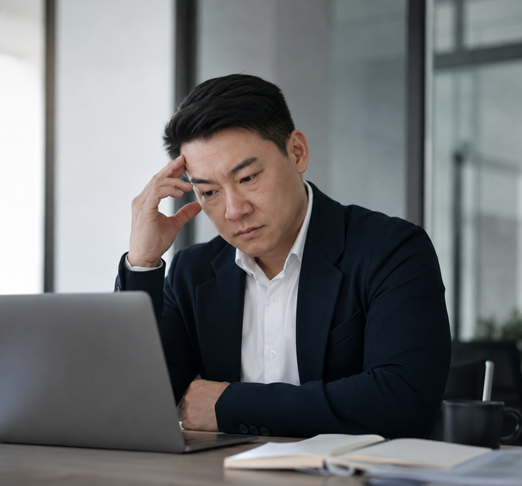 Man in a dark suit sitting at a desk, looking stressed while working on a laptop in an office