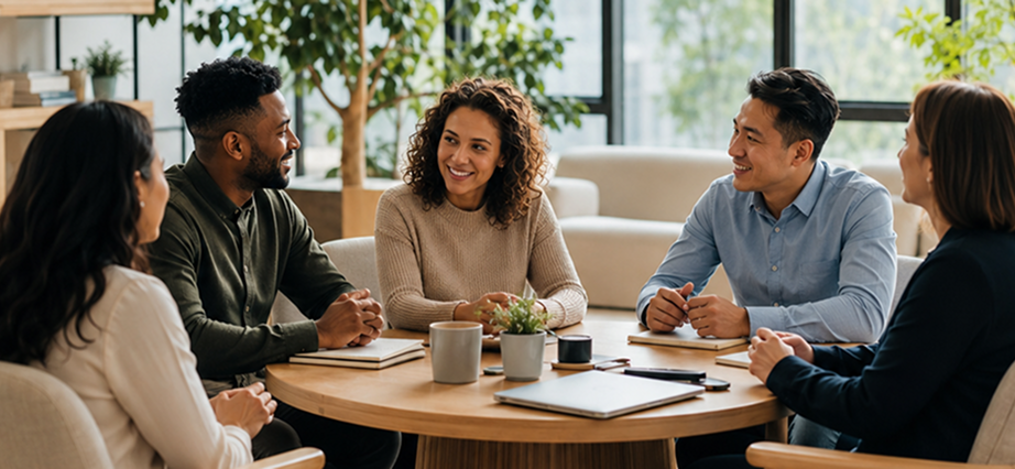 Five coworkers in a bright office meeting around a round table, talking and taking notes