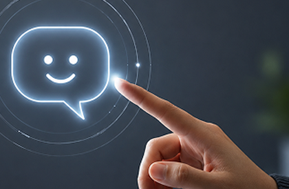Hand pointing at glowing chat bubble with smiling face icon on dark background