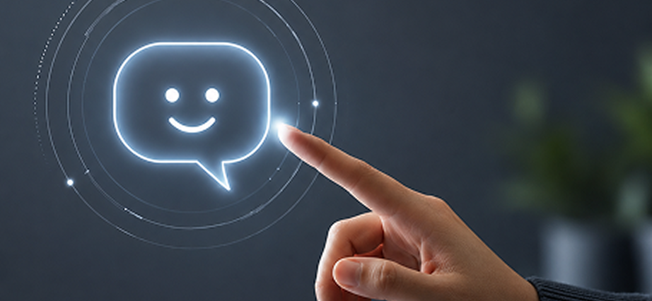 Finger touching glowing chatbot icon with smiling face on dark background