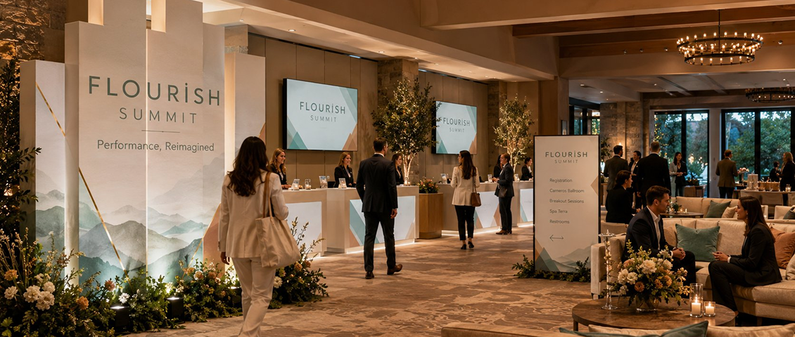 Elegant indoor event booth with warm lighting, floral decor, and people mingling near displays.