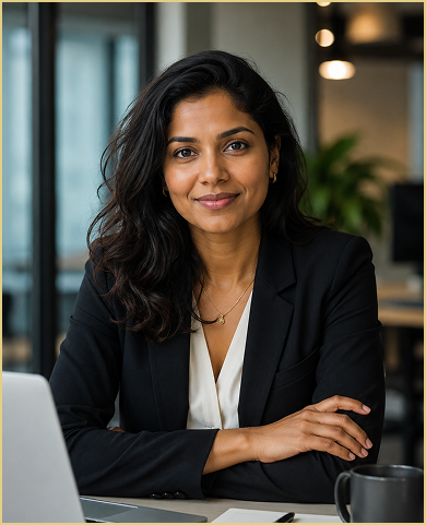 Woman in a black blazer seated at a desk with a laptop, smiling in a modern office.