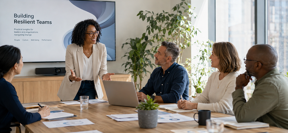 Team meeting in a bright conference room, presenter speaking beside a laptop while colleagues listen.
