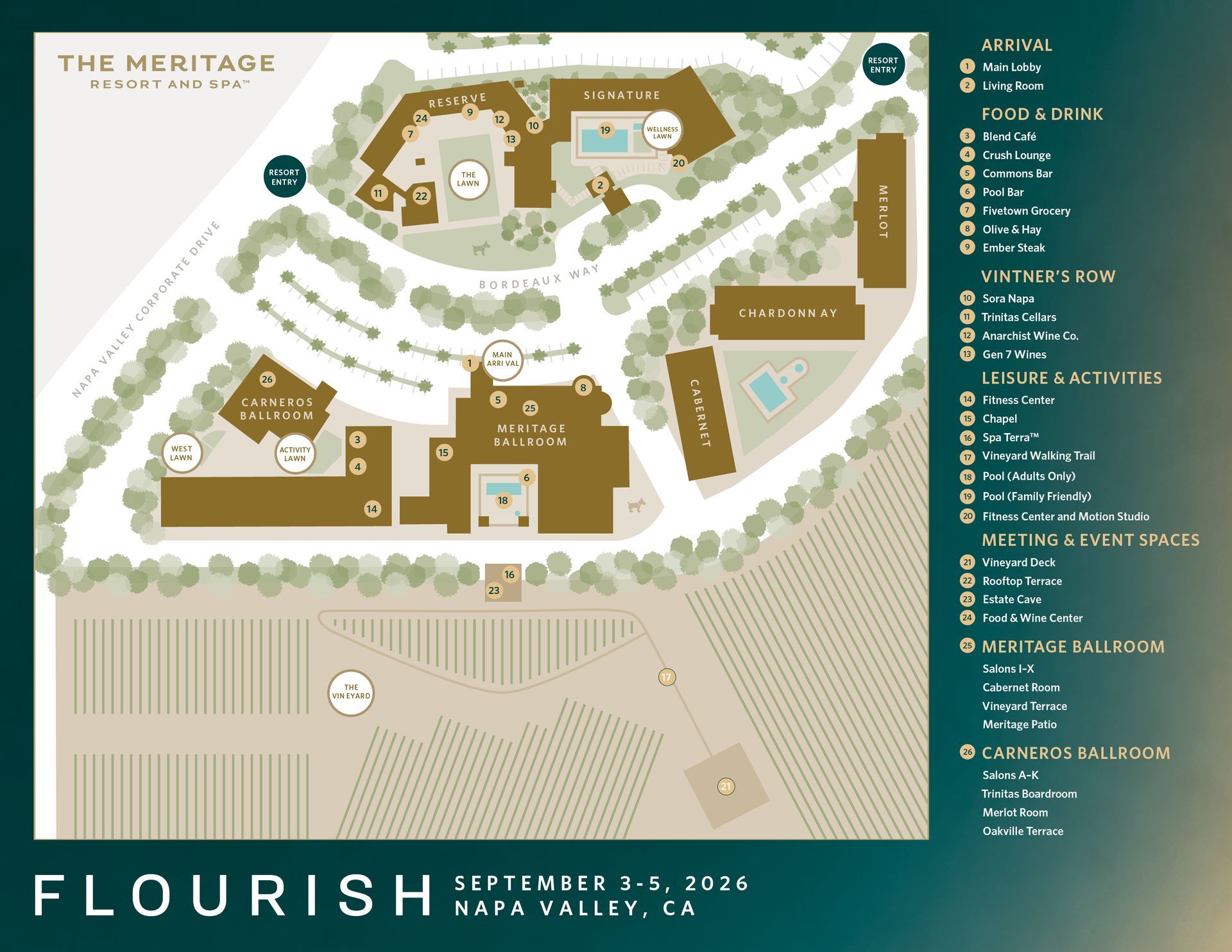 Site map for The Heritage resort, showing buildings, paths, and amenities in gold and teal with 