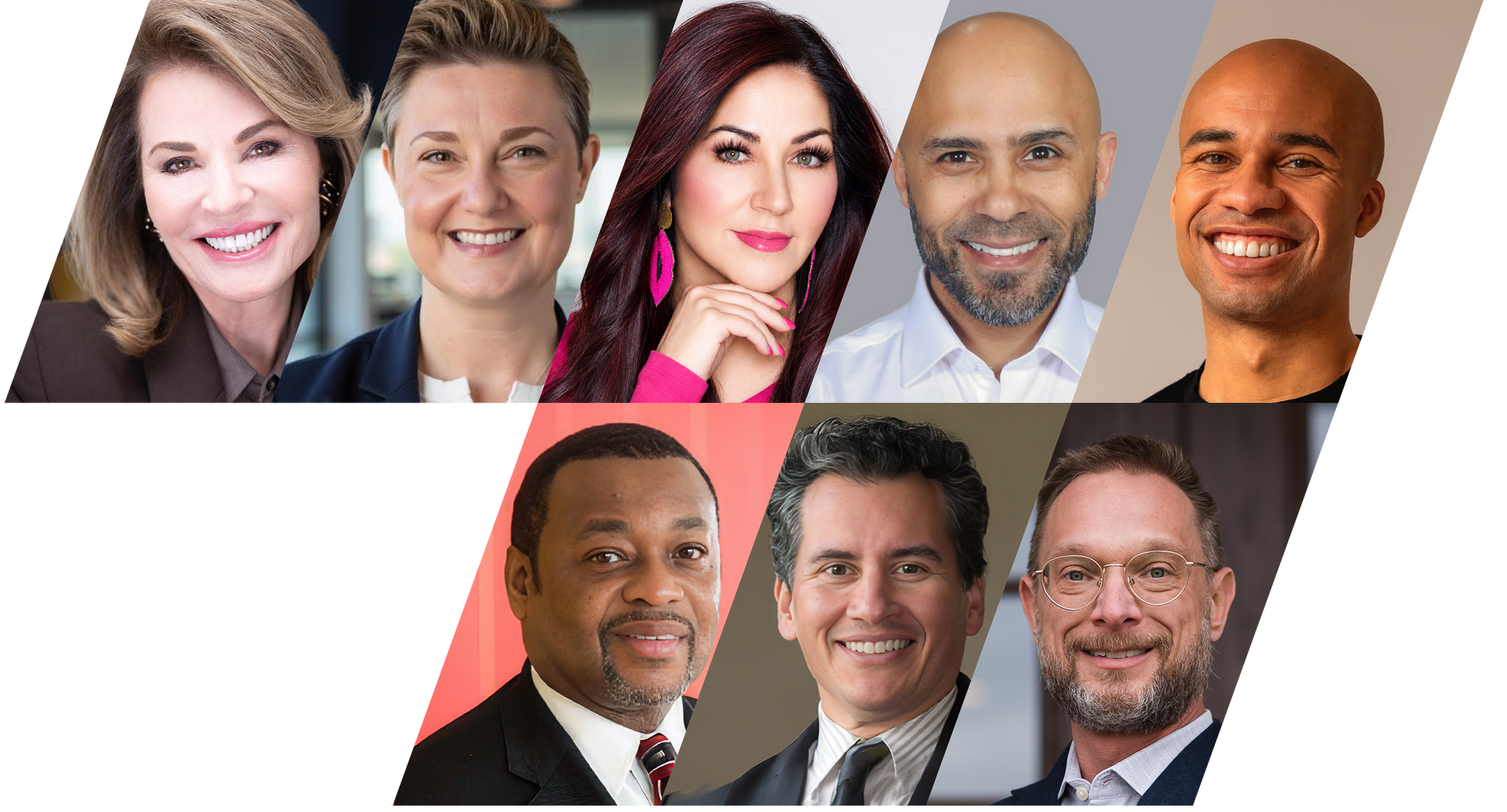 Seven headshots of smiling professionals arranged in a slanted collage on a white background