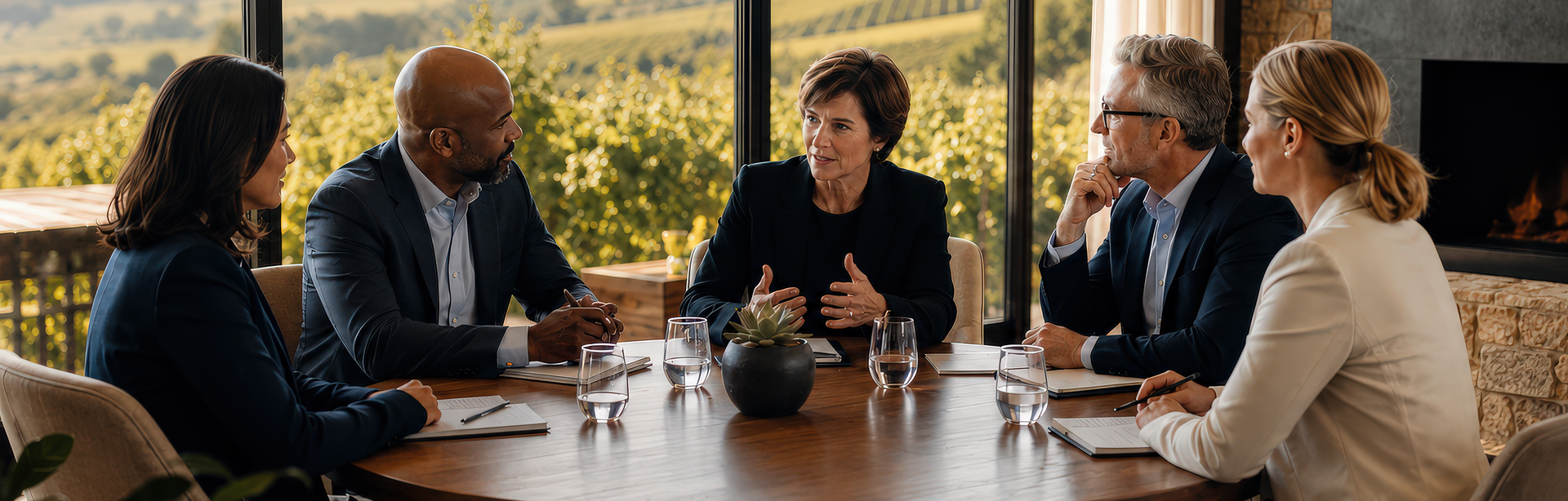 Five people in a meeting at a wooden table, discussing outdoors with hills in the background.
