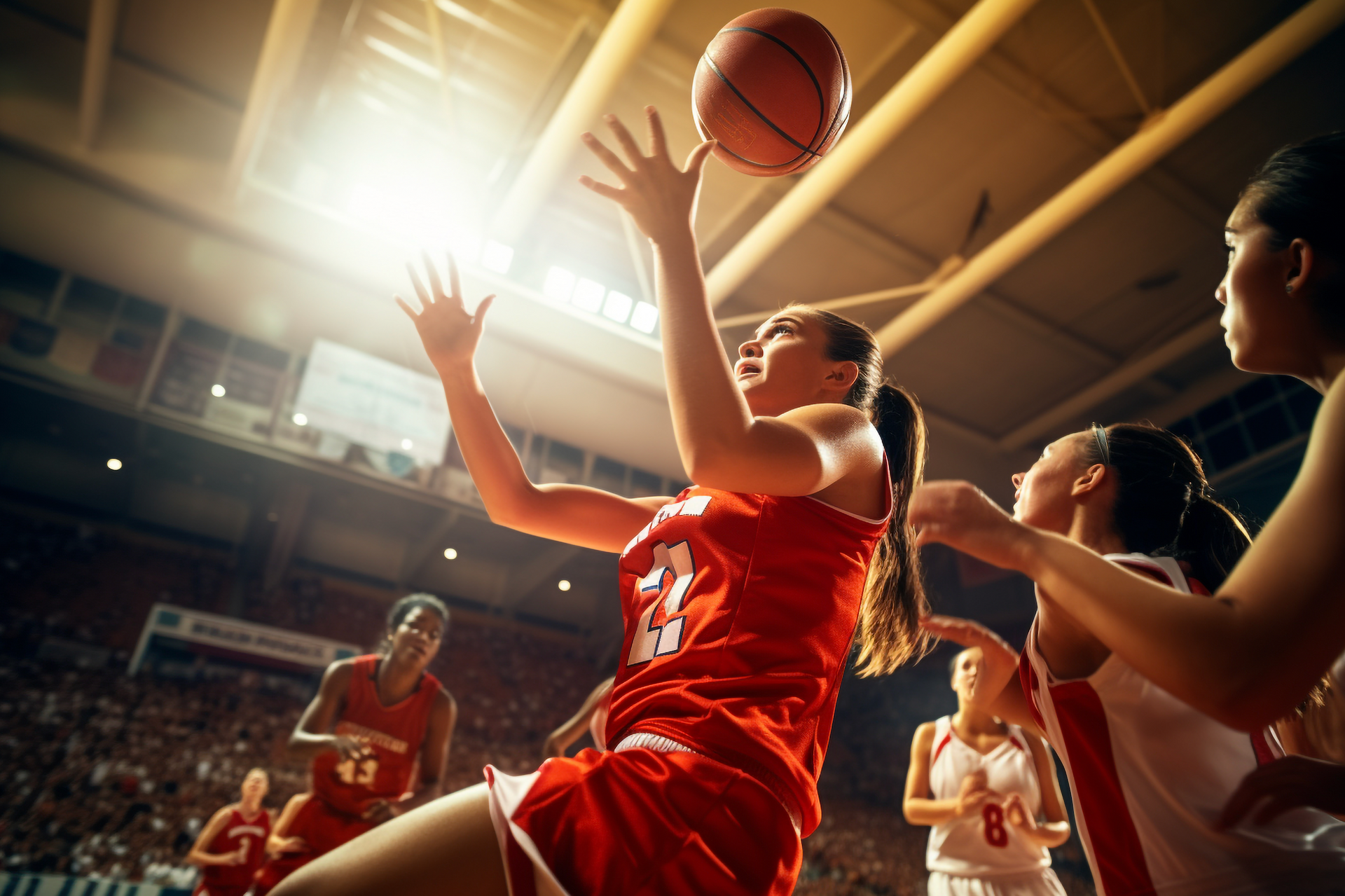 A female basketball player is jumping in the air to catch a basketball during a game.