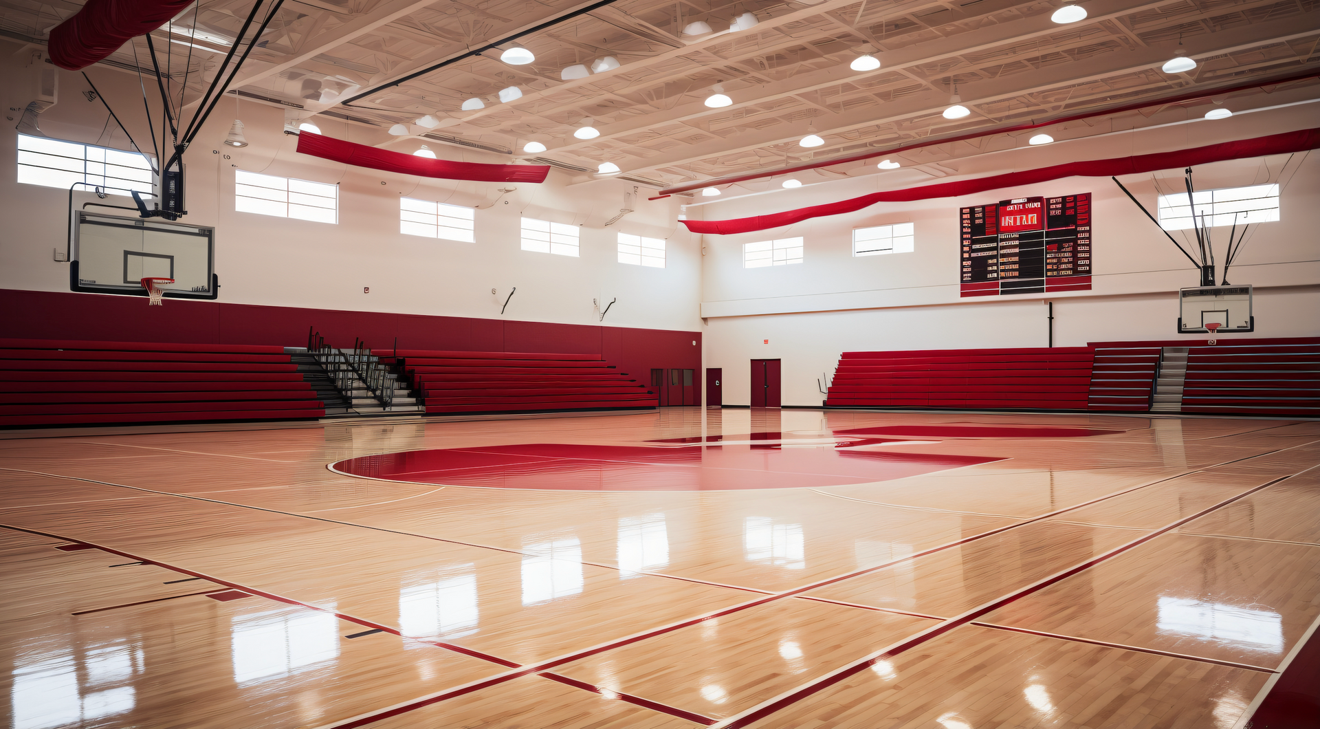 An empty basketball court in a gym with a wooden floor.